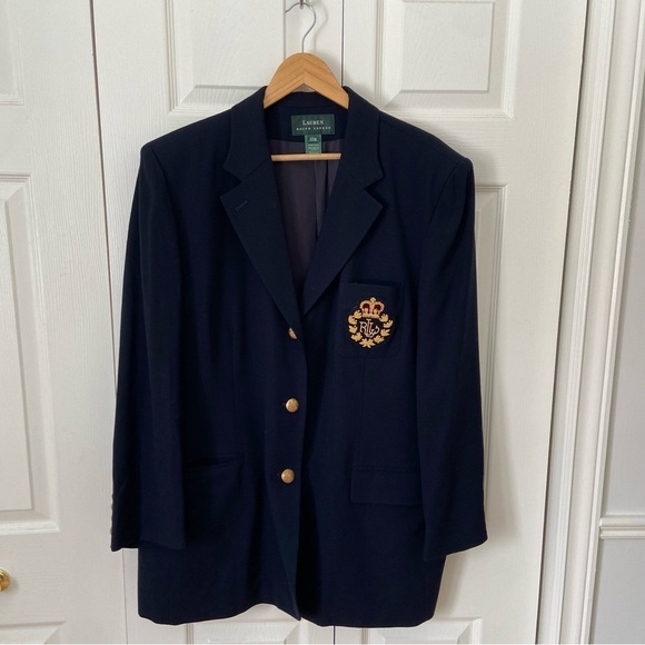 Ralph Lauren Women’s 100% Wool Navy Gold Classic Logo Crest 2 Piece Suit Blazer - Picture 3 of 14